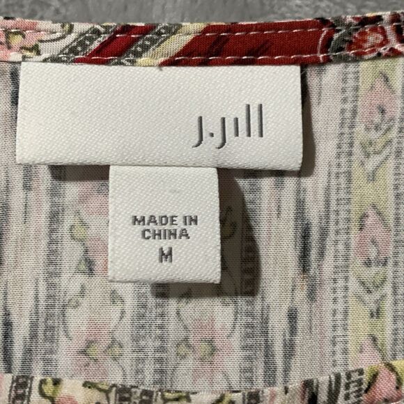 J Jill Top Women's Tunic Size Medium Red Tan 100% Rayon Long Sleeve Boho Flowy - Picture 9 of 13